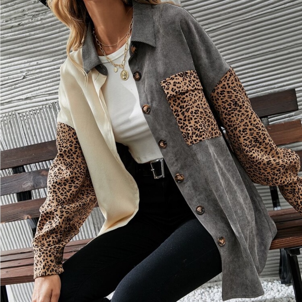 Cozy Corduroy  Oversized Relaxed fit Leopard Print Patch Work Button Down Shirt - Picture 15 of 16